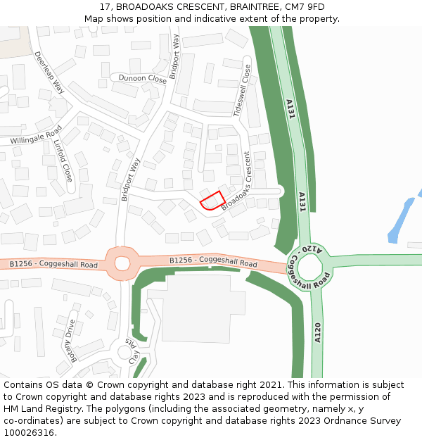17, BROADOAKS CRESCENT, BRAINTREE, CM7 9FD: Location map and indicative extent of plot