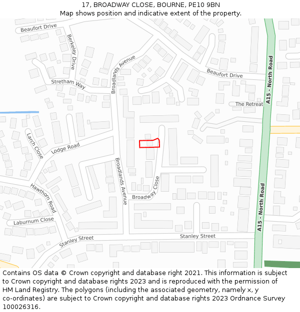 17, BROADWAY CLOSE, BOURNE, PE10 9BN: Location map and indicative extent of plot