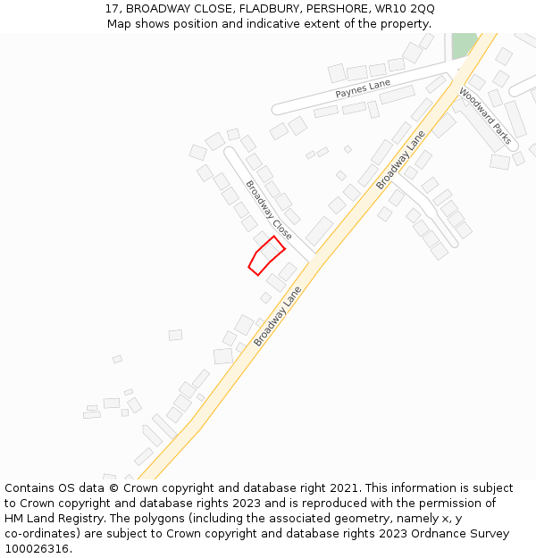 17, BROADWAY CLOSE, FLADBURY, PERSHORE, WR10 2QQ: Location map and indicative extent of plot