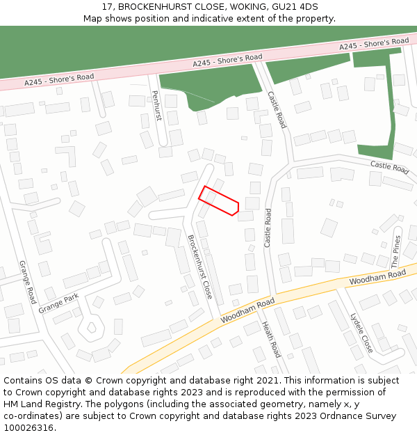 17, BROCKENHURST CLOSE, WOKING, GU21 4DS: Location map and indicative extent of plot