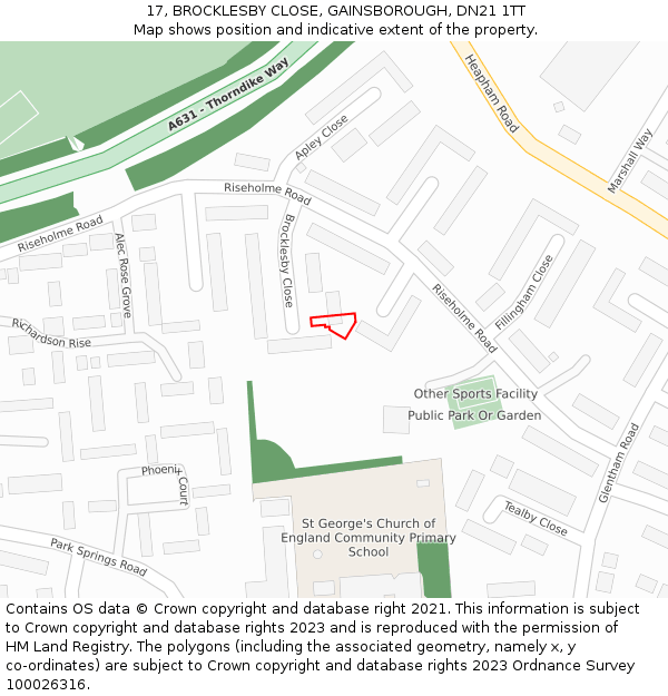 17, BROCKLESBY CLOSE, GAINSBOROUGH, DN21 1TT: Location map and indicative extent of plot