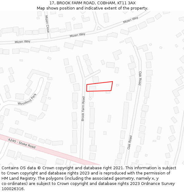 17, BROOK FARM ROAD, COBHAM, KT11 3AX: Location map and indicative extent of plot