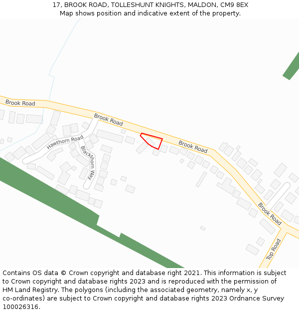 17, BROOK ROAD, TOLLESHUNT KNIGHTS, MALDON, CM9 8EX: Location map and indicative extent of plot