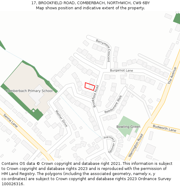 17, BROOKFIELD ROAD, COMBERBACH, NORTHWICH, CW9 6BY: Location map and indicative extent of plot