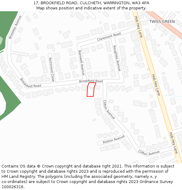 17, BROOKFIELD ROAD, CULCHETH, WARRINGTON, WA3 4PA: Location map and indicative extent of plot