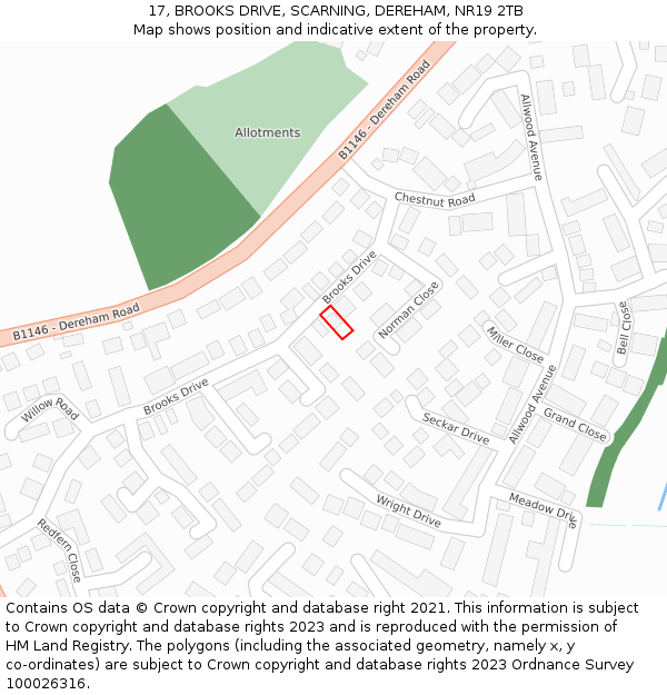 17, BROOKS DRIVE, SCARNING, DEREHAM, NR19 2TB: Location map and indicative extent of plot