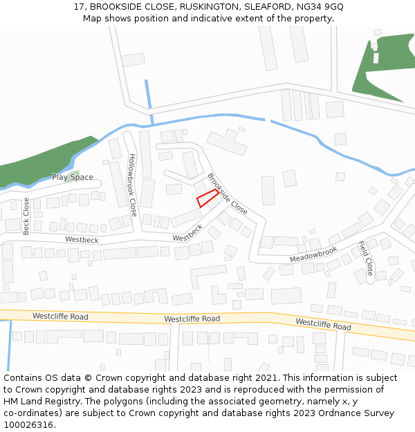 17, BROOKSIDE CLOSE, RUSKINGTON, SLEAFORD, NG34 9GQ: Location map and indicative extent of plot