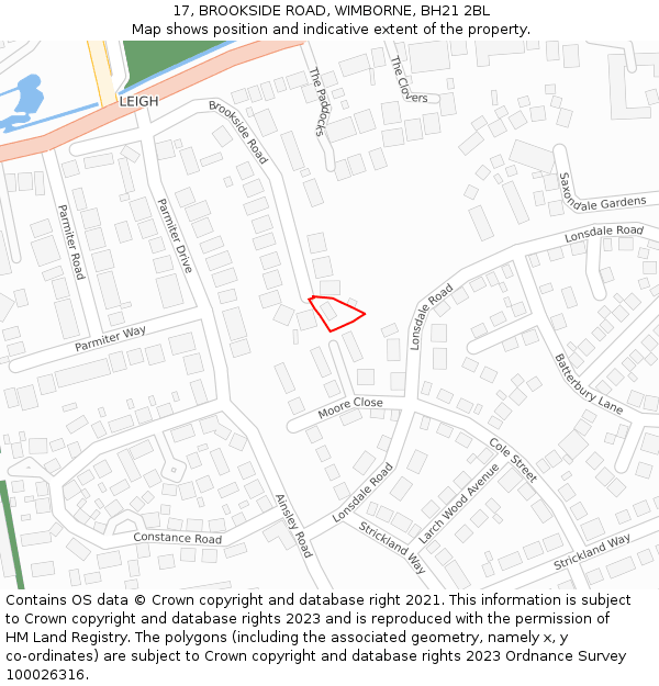 17, BROOKSIDE ROAD, WIMBORNE, BH21 2BL: Location map and indicative extent of plot