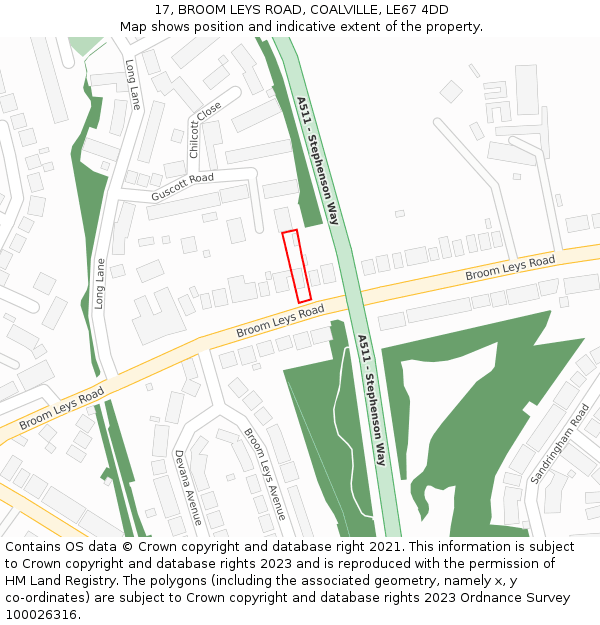17, BROOM LEYS ROAD, COALVILLE, LE67 4DD: Location map and indicative extent of plot