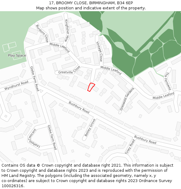 17, BROOMY CLOSE, BIRMINGHAM, B34 6EP: Location map and indicative extent of plot