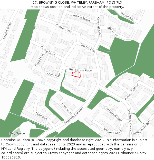 17, BROWNING CLOSE, WHITELEY, FAREHAM, PO15 7LX: Location map and indicative extent of plot