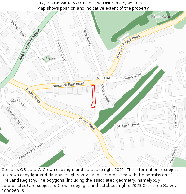17, BRUNSWICK PARK ROAD, WEDNESBURY, WS10 9HL: Location map and indicative extent of plot
