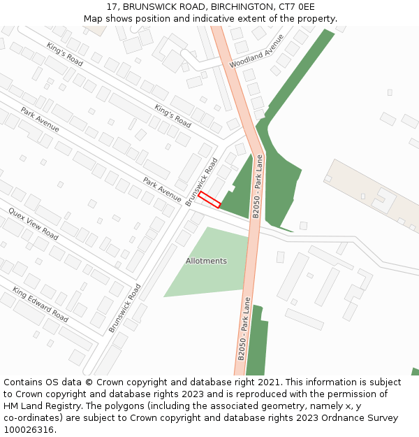 17, BRUNSWICK ROAD, BIRCHINGTON, CT7 0EE: Location map and indicative extent of plot