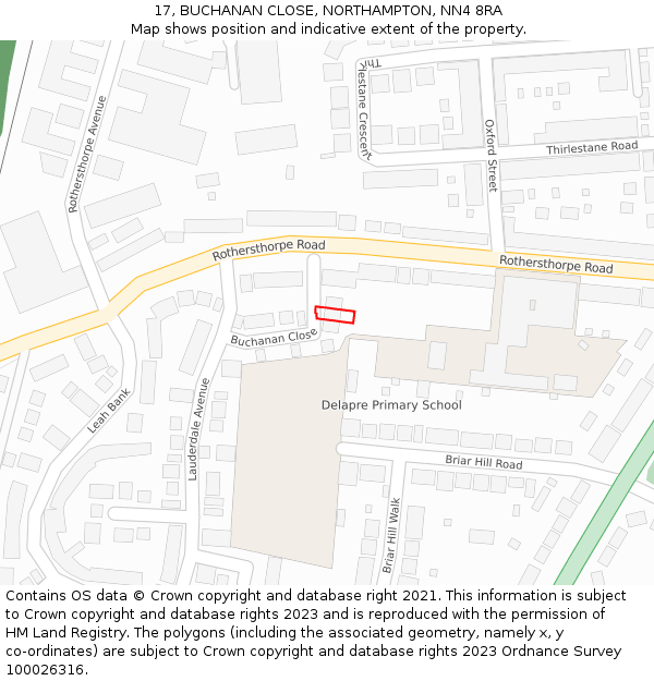 17, BUCHANAN CLOSE, NORTHAMPTON, NN4 8RA: Location map and indicative extent of plot