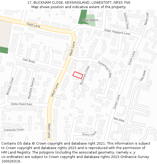 17, BUCKNAM CLOSE, KESSINGLAND, LOWESTOFT, NR33 7NX: Location map and indicative extent of plot