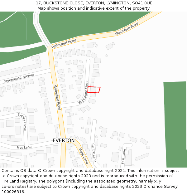 17, BUCKSTONE CLOSE, EVERTON, LYMINGTON, SO41 0UE: Location map and indicative extent of plot