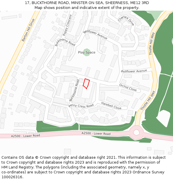 17, BUCKTHORNE ROAD, MINSTER ON SEA, SHEERNESS, ME12 3RD: Location map and indicative extent of plot
