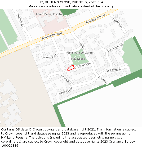17, BUNTING CLOSE, DRIFFIELD, YO25 5LA: Location map and indicative extent of plot