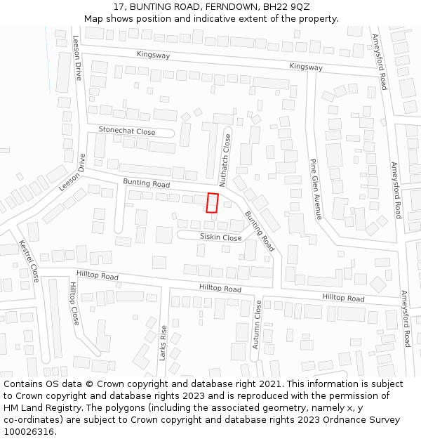 17, BUNTING ROAD, FERNDOWN, BH22 9QZ: Location map and indicative extent of plot