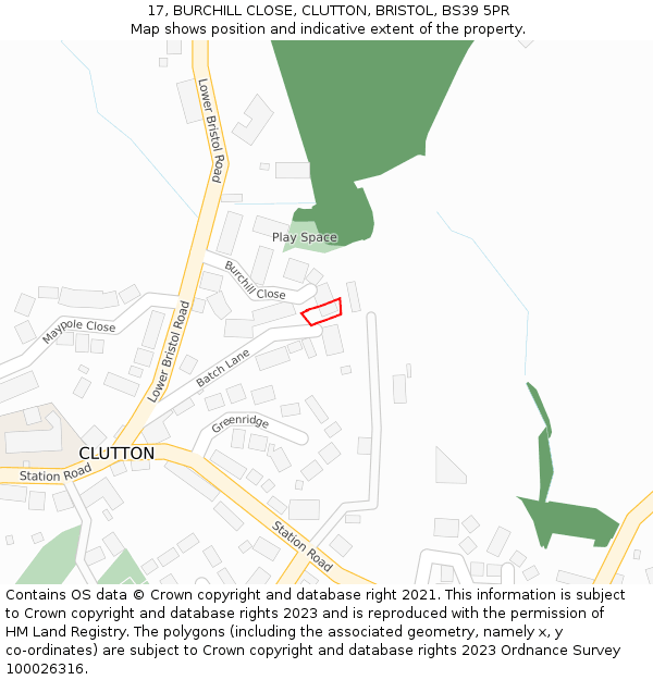 17, BURCHILL CLOSE, CLUTTON, BRISTOL, BS39 5PR: Location map and indicative extent of plot