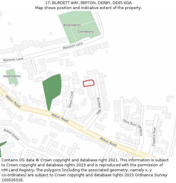 17, BURDETT WAY, REPTON, DERBY, DE65 6GA: Location map and indicative extent of plot