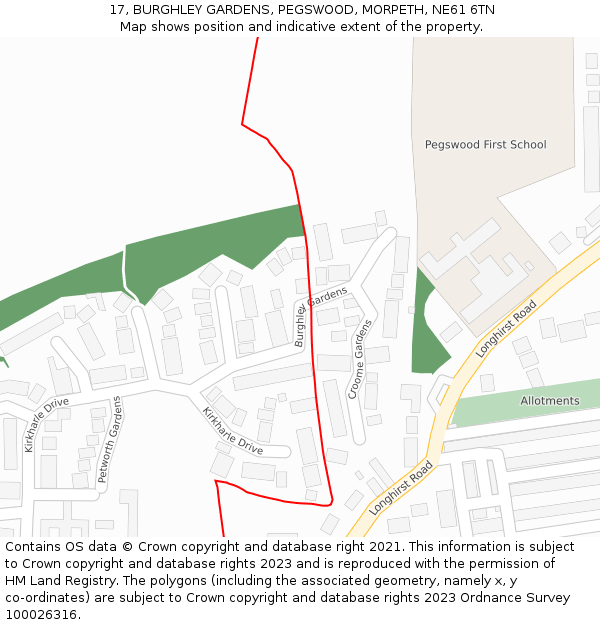 17, BURGHLEY GARDENS, PEGSWOOD, MORPETH, NE61 6TN: Location map and indicative extent of plot