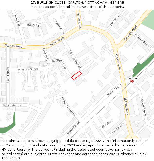 17, BURLEIGH CLOSE, CARLTON, NOTTINGHAM, NG4 3AB: Location map and indicative extent of plot