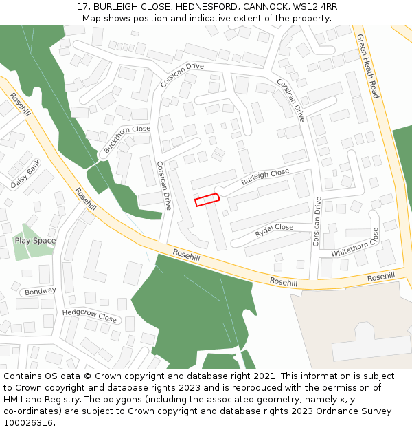 17, BURLEIGH CLOSE, HEDNESFORD, CANNOCK, WS12 4RR: Location map and indicative extent of plot