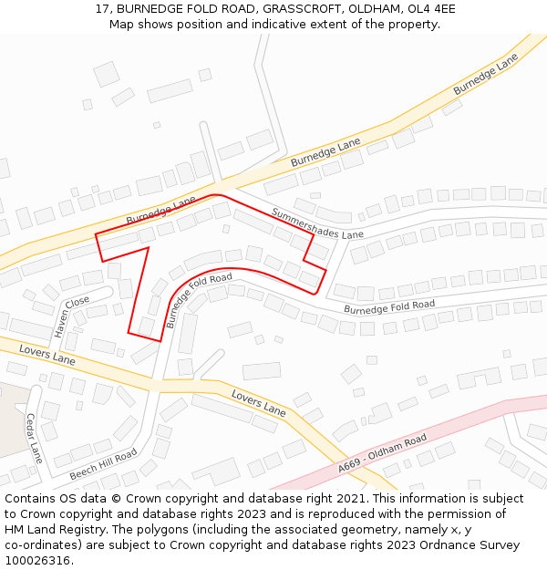 17, BURNEDGE FOLD ROAD, GRASSCROFT, OLDHAM, OL4 4EE: Location map and indicative extent of plot