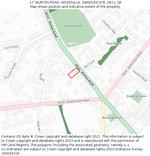 17, BURTON ROAD, WOODVILLE, SWADLINCOTE, DE11 7JE: Location map and indicative extent of plot