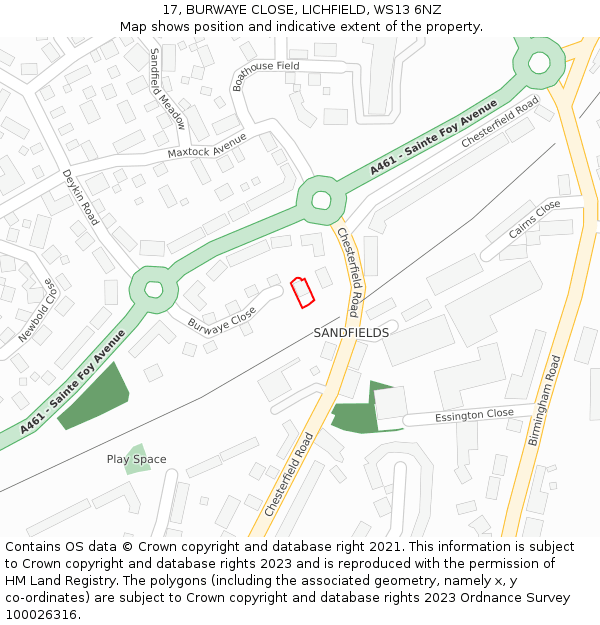 17, BURWAYE CLOSE, LICHFIELD, WS13 6NZ: Location map and indicative extent of plot