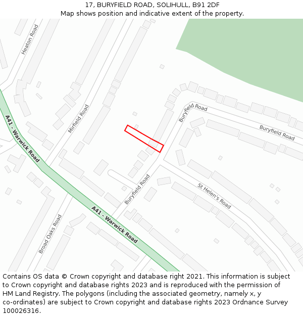 17, BURYFIELD ROAD, SOLIHULL, B91 2DF: Location map and indicative extent of plot