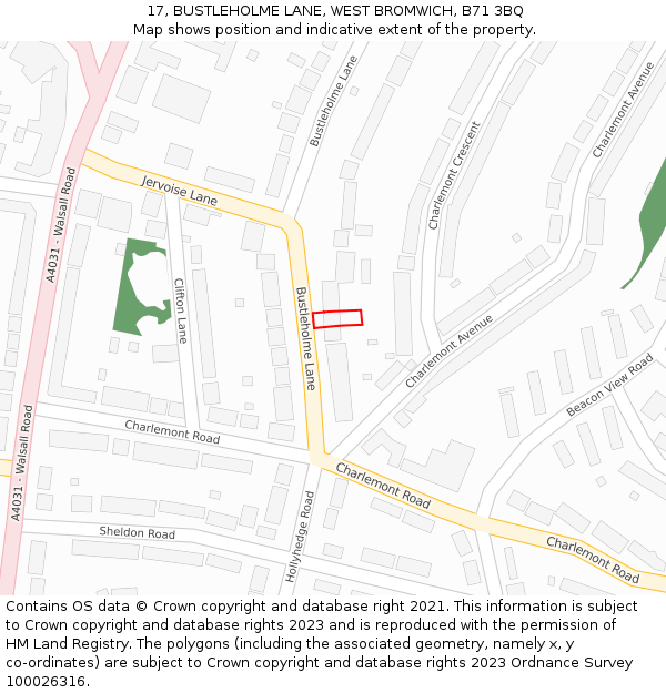 17, BUSTLEHOLME LANE, WEST BROMWICH, B71 3BQ: Location map and indicative extent of plot