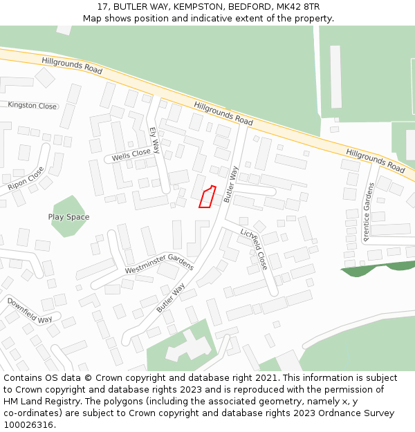 17, BUTLER WAY, KEMPSTON, BEDFORD, MK42 8TR: Location map and indicative extent of plot