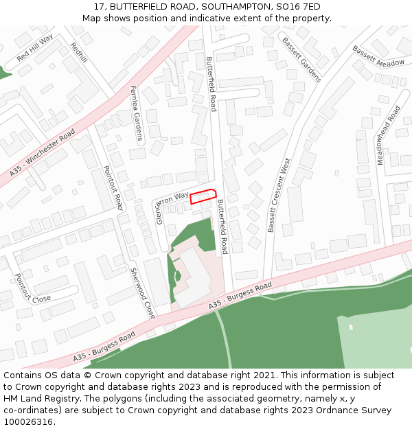 17, BUTTERFIELD ROAD, SOUTHAMPTON, SO16 7ED: Location map and indicative extent of plot