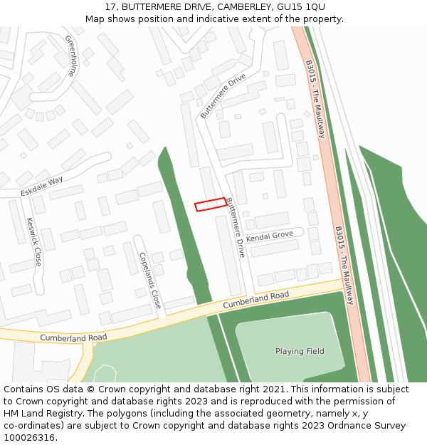 17, BUTTERMERE DRIVE, CAMBERLEY, GU15 1QU: Location map and indicative extent of plot