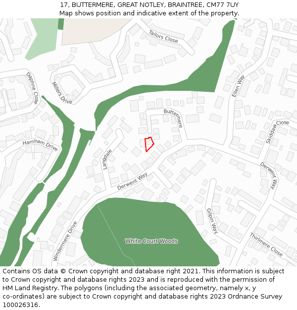 17, BUTTERMERE, GREAT NOTLEY, BRAINTREE, CM77 7UY: Location map and indicative extent of plot