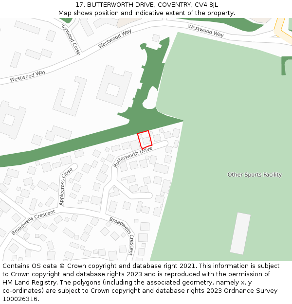 17, BUTTERWORTH DRIVE, COVENTRY, CV4 8JL: Location map and indicative extent of plot