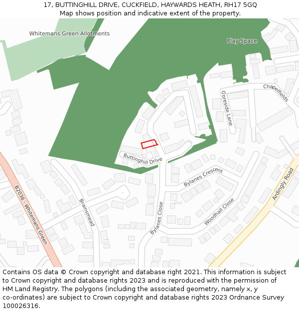 17, BUTTINGHILL DRIVE, CUCKFIELD, HAYWARDS HEATH, RH17 5GQ: Location map and indicative extent of plot