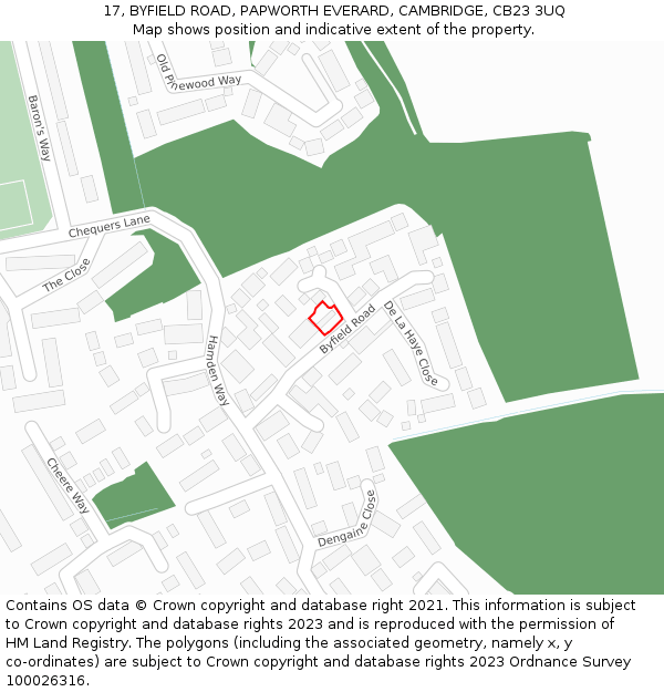 17, BYFIELD ROAD, PAPWORTH EVERARD, CAMBRIDGE, CB23 3UQ: Location map and indicative extent of plot