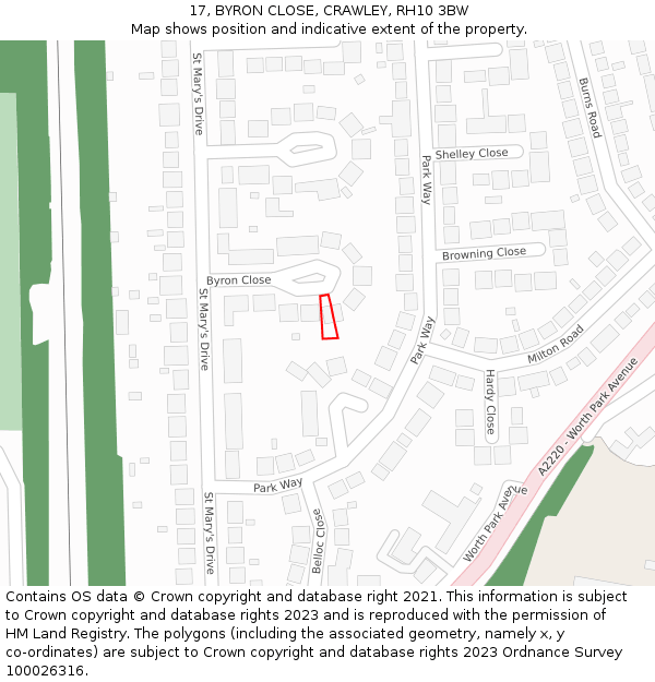 17, BYRON CLOSE, CRAWLEY, RH10 3BW: Location map and indicative extent of plot