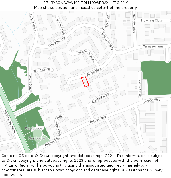 17, BYRON WAY, MELTON MOWBRAY, LE13 1NY: Location map and indicative extent of plot