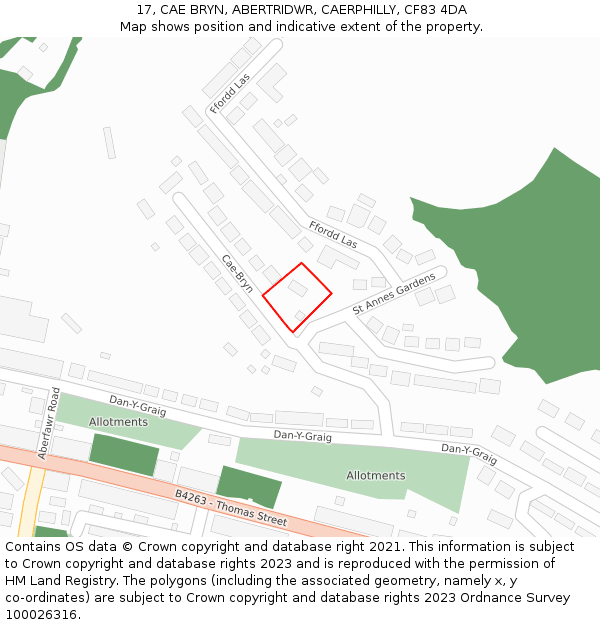 17, CAE BRYN, ABERTRIDWR, CAERPHILLY, CF83 4DA: Location map and indicative extent of plot