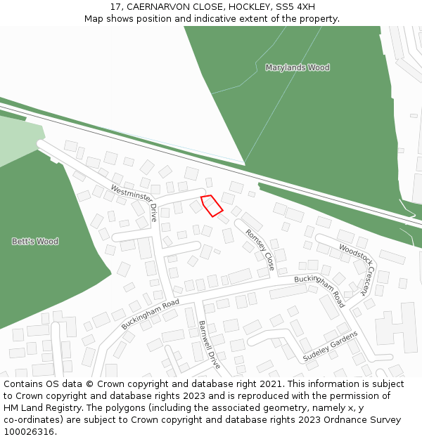 17, CAERNARVON CLOSE, HOCKLEY, SS5 4XH: Location map and indicative extent of plot