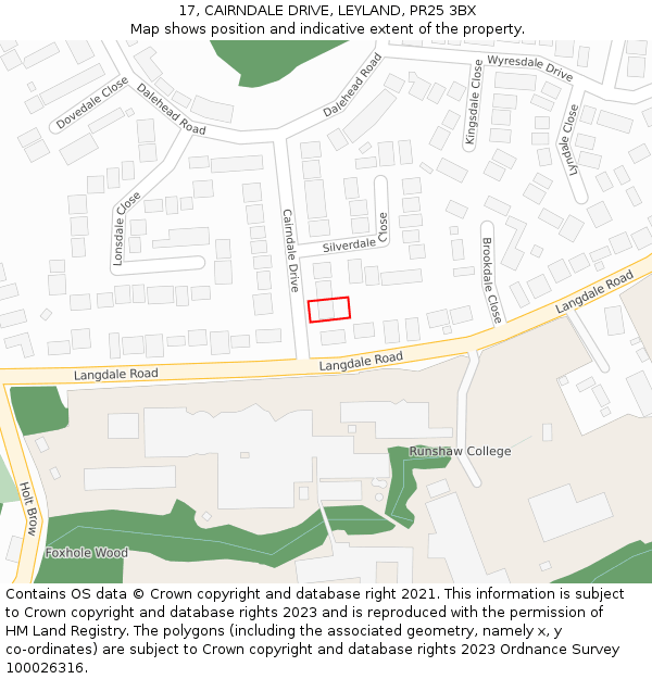 17, CAIRNDALE DRIVE, LEYLAND, PR25 3BX: Location map and indicative extent of plot