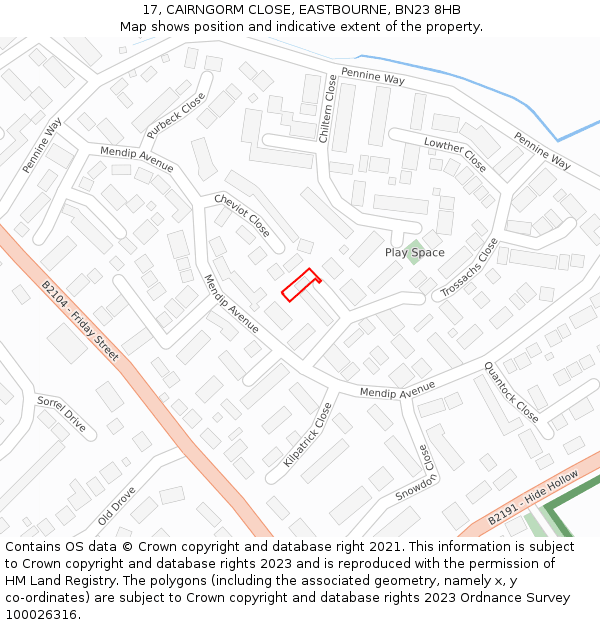 17, CAIRNGORM CLOSE, EASTBOURNE, BN23 8HB: Location map and indicative extent of plot