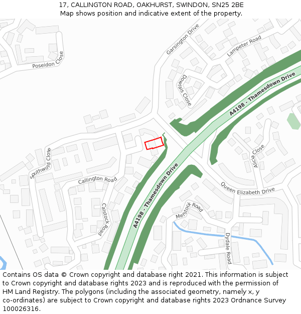 17, CALLINGTON ROAD, OAKHURST, SWINDON, SN25 2BE: Location map and indicative extent of plot