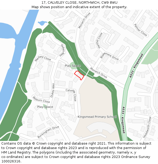 17, CALVELEY CLOSE, NORTHWICH, CW9 8WU: Location map and indicative extent of plot