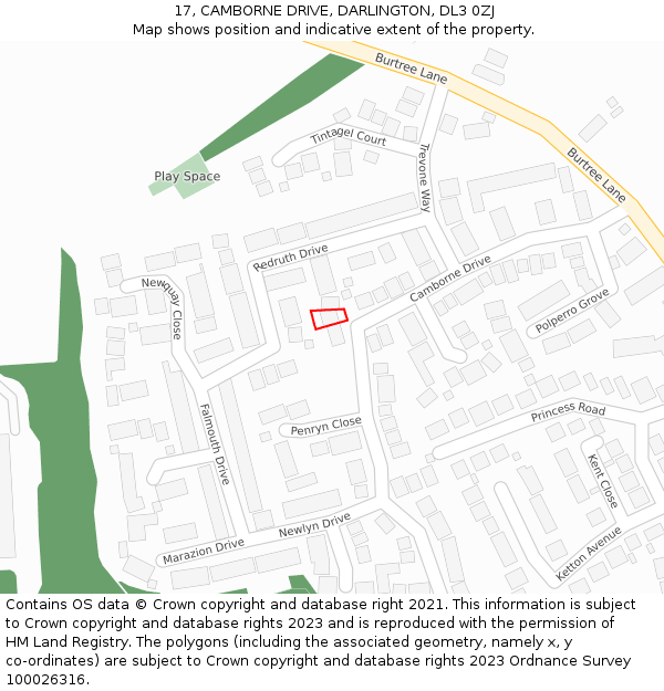 17, CAMBORNE DRIVE, DARLINGTON, DL3 0ZJ: Location map and indicative extent of plot