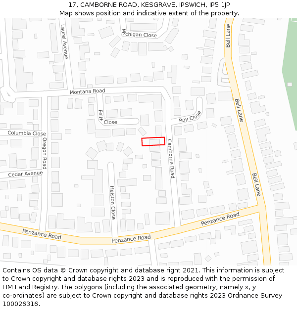 17, CAMBORNE ROAD, KESGRAVE, IPSWICH, IP5 1JP: Location map and indicative extent of plot